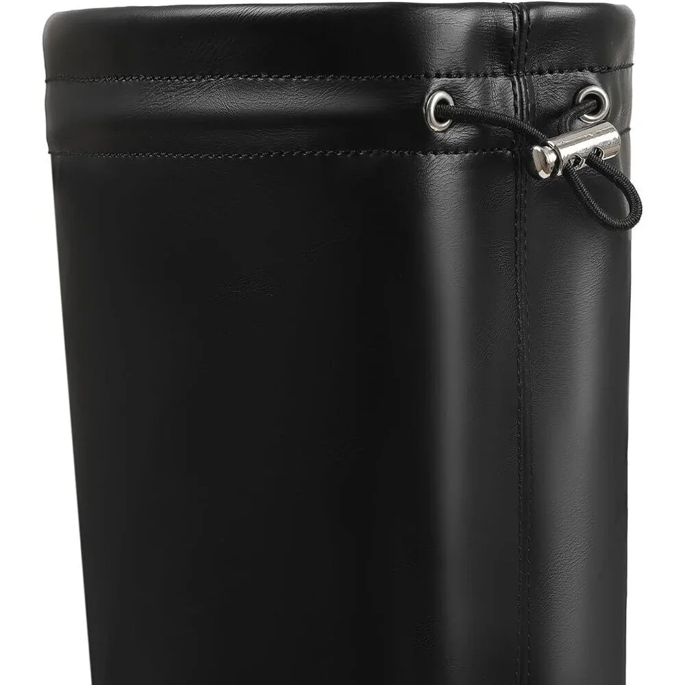 Womens Black-lace Up Polyurethane (PU) Rounded Toe Chunky Heel Thigh High Boots